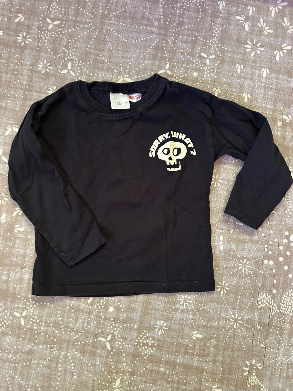 Zara Black Long-Sleeve Halloween Tee with White Skull Graphic